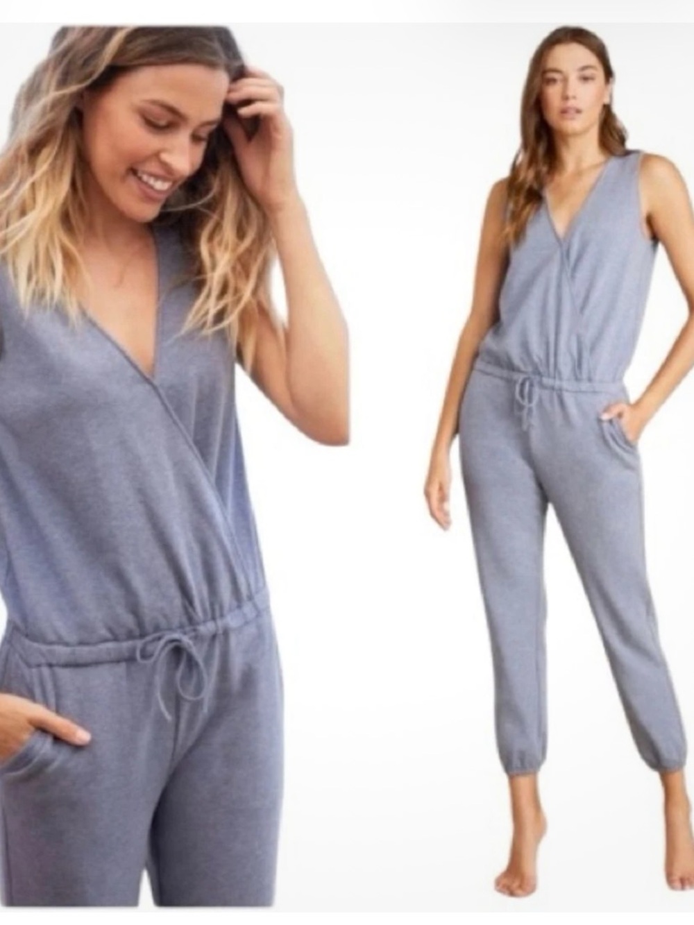 Barefoot Dreams Malibu Sleeveless Luxe Lounge Jumpsuit in Heather Blue New! XL